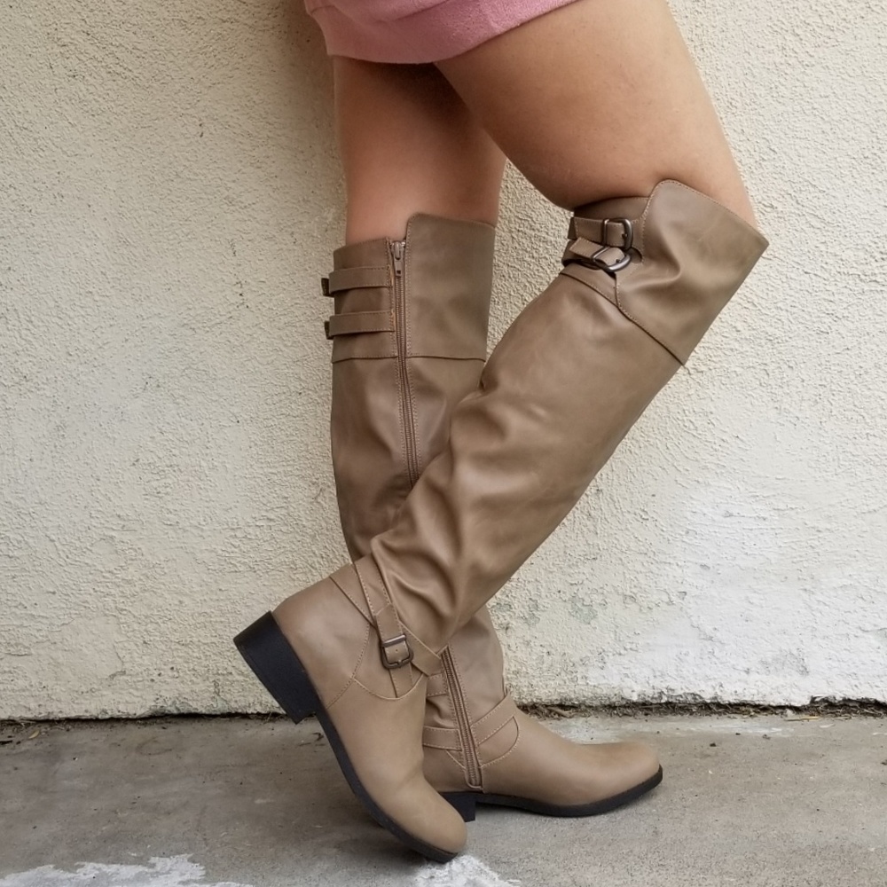 Leatherette Buckled Strap Accent Knee High Riding - Picture 2 of 5